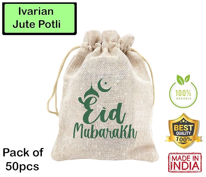 IVARIAN - Jute Potli Bag, Eid Festival Gifting Bag, Return Gifting Bag (13x18cm set of 50, Eid mubarak) view 2