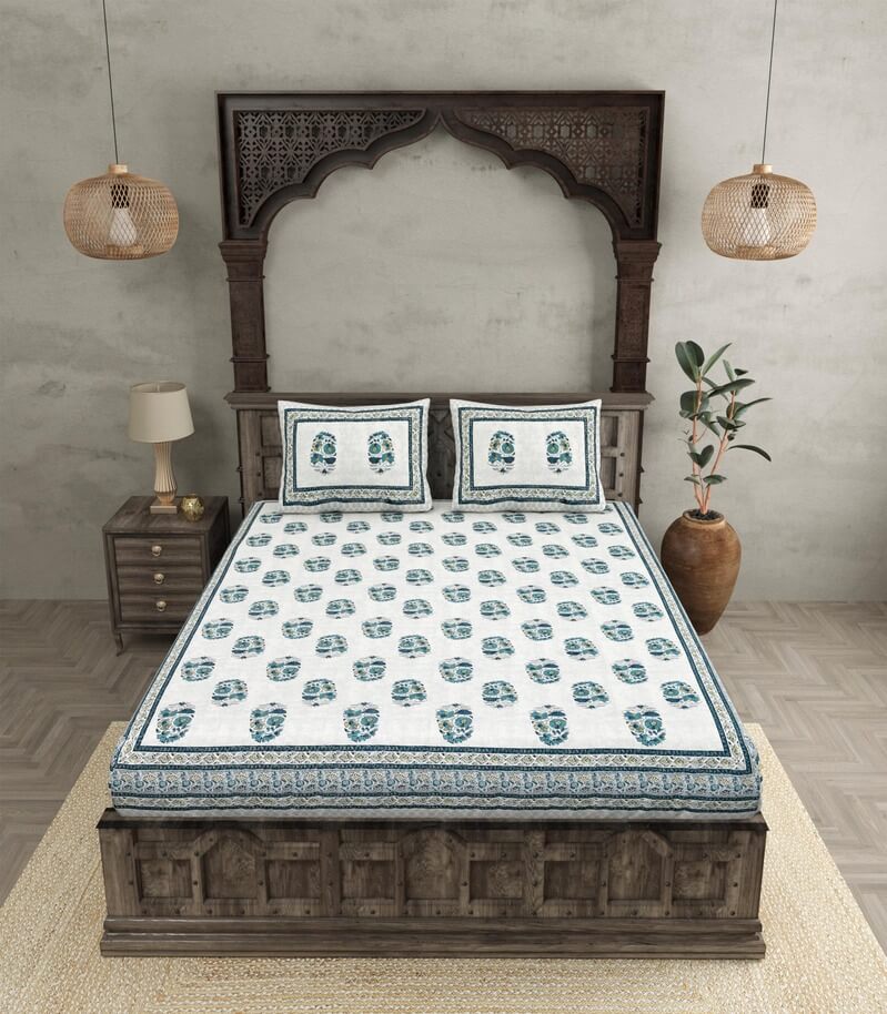 100 % Cotton 240 TC Floral Block Printed Double Bedsheet With 2 Pillow Covers view 2