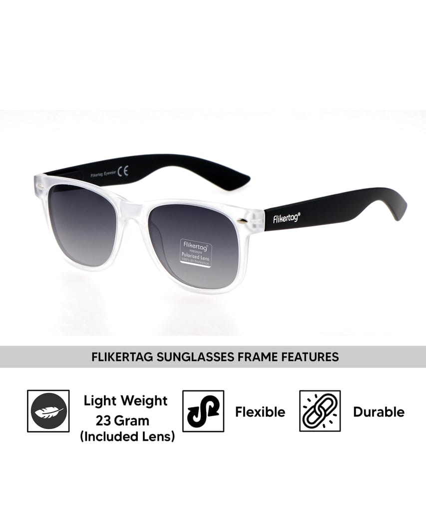 Flikertag Polarized Sunglasses With UV Protection For Men & Women | HD vision with Grey Gradient Lens [FTS 552 F3 Wayfarer Matte Transparent Frame with Smoke lens, 52mm] view 2