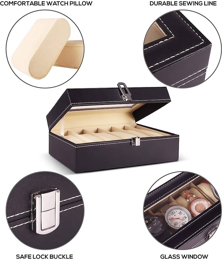 Watch Box Organizer - 6 Slot Watch Storage Holder and Display Collection Box with Transparent Glass - Watch Case Organiser for Men and Women - Travel Friendly Box for Gifts view 2