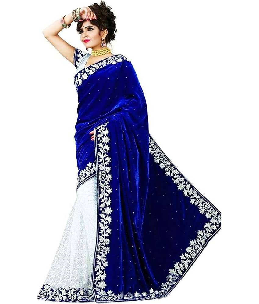 WXW Fashion Velvet Embroidered Saree With Unstitched Blouse Piece ( Blue )
