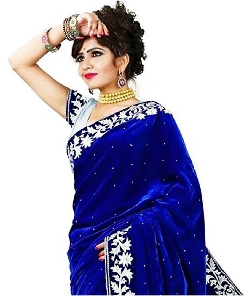 WXW Fashion Velvet Embroidered Saree With Unstitched Blouse Piece ( Blue ) view 2