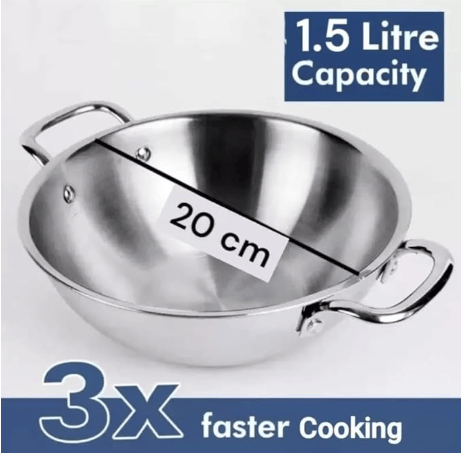 WEKTU Triply Stainless Steel Kadhai with Lid – 20 cm Diameter, 1.5 L Capacity, Induction Compatible view 2