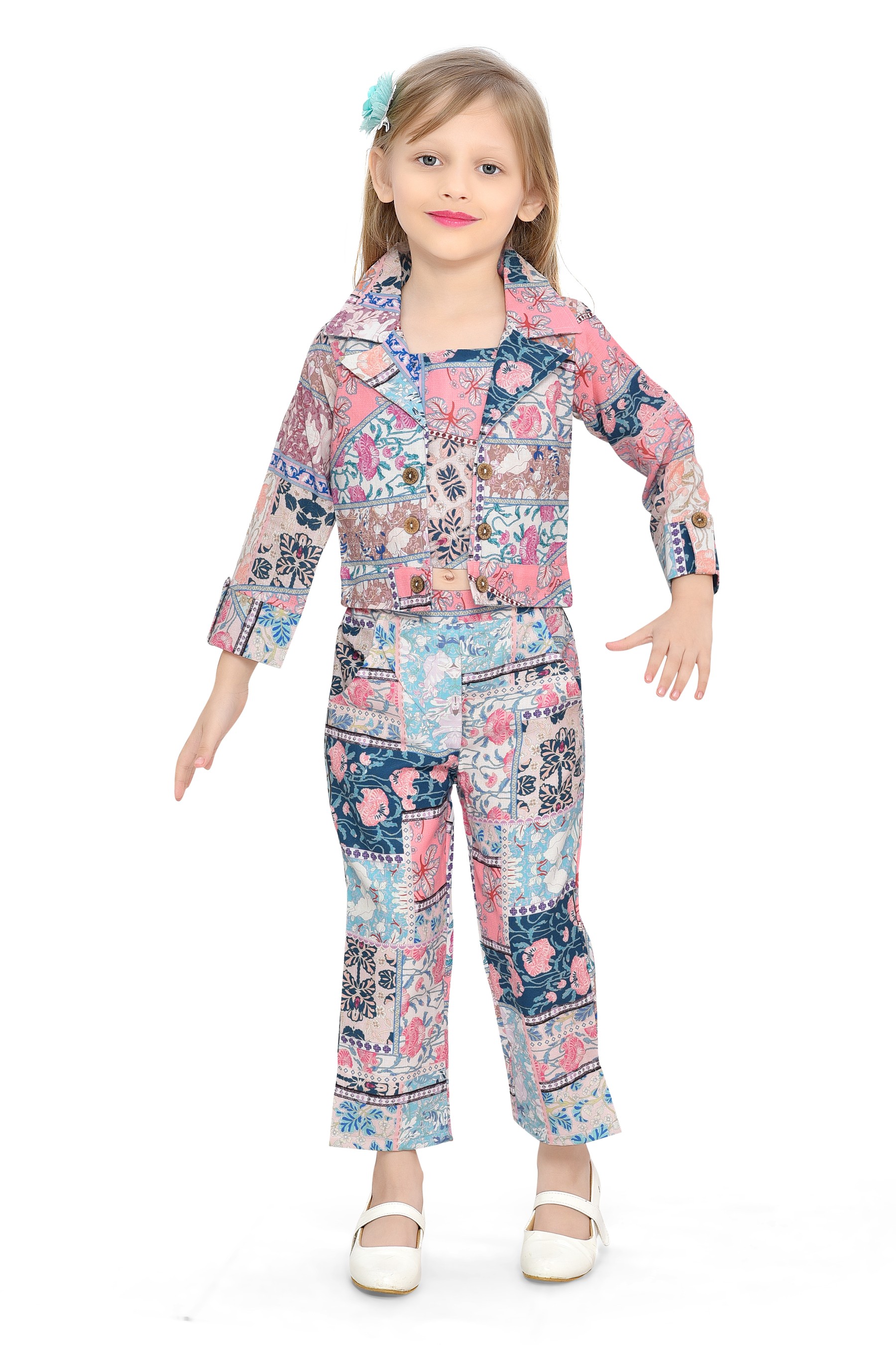 Be:Kids Girls' Eclectic Patchwork Floral and Geometric Print Jacket and Pants Co-ord Set view 2