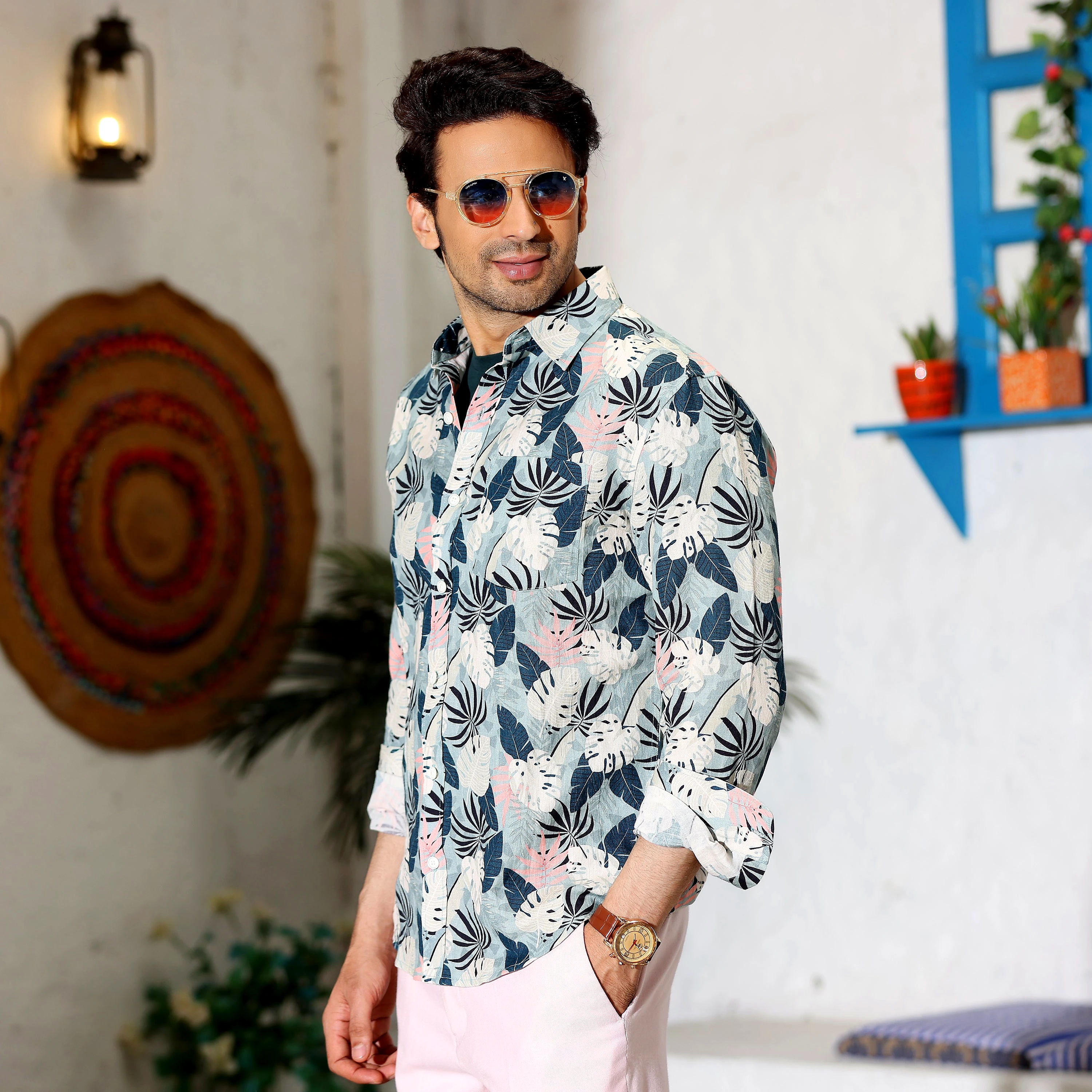 Philodendron Selloum Shades White and Powder Blue Casual Pure Linen Full Shirt (Size - XL) by BLUE EAGLE view 2