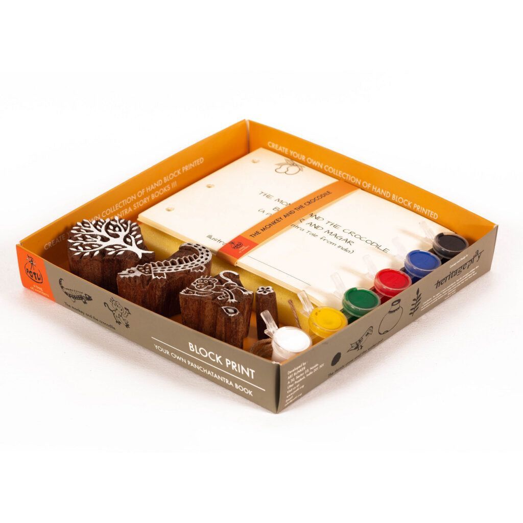 DIY Wooden Block Printing Craft kit Print your own Panchtantra Story book Magar & Bandar view 2