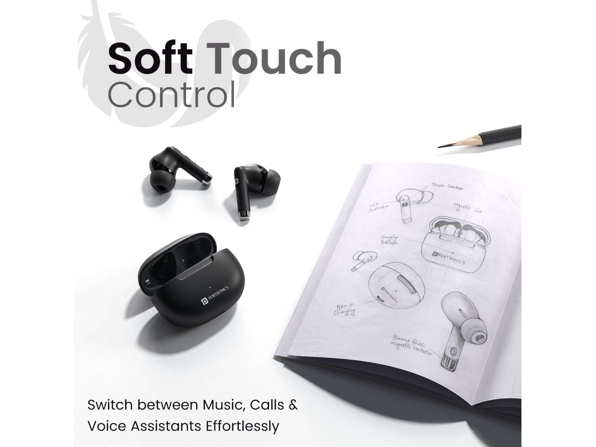 Portronics Harmonics Twins 32 in-Ear TWS Smart Earbuds with HD Mic, Upto 30 Hours Playtime, Touch Control, Low Latency, Bluetooth Version 5.4, IPX5 Water Resistant, Type C Fast Charging view 2