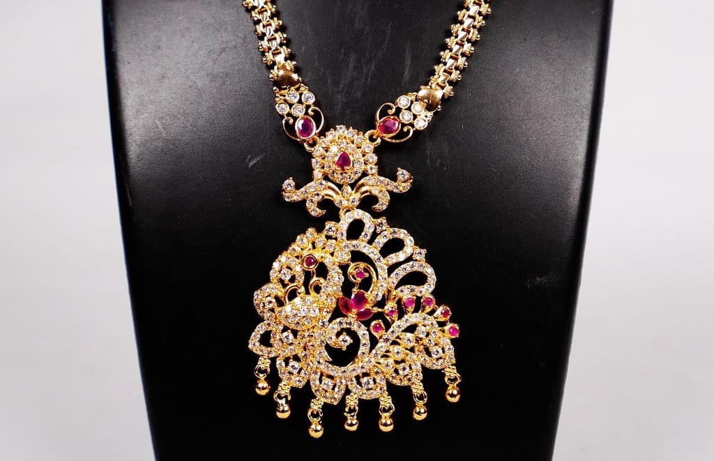 Stunning antique gold plated mango haram with rubies and emeralds view 2