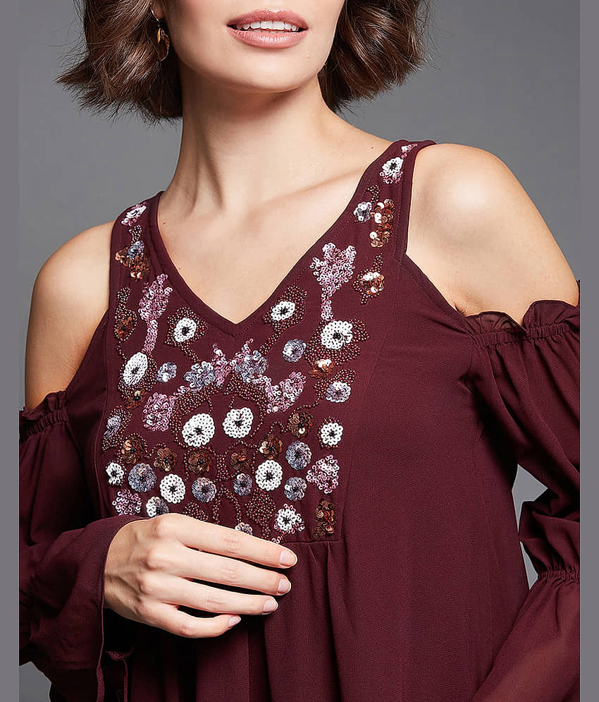 Miss Chase Women Polyester Embellished Fit & Flare Dress ( Wine ) view 2