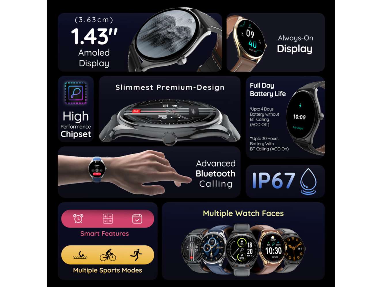 Pebble Royale Legend 1.43" AMOLED Display, Slimmest Design, Bluetooth Calling, Premium Built, Always On Display, Multi Sports Mode, Smart Watch - Black view 2