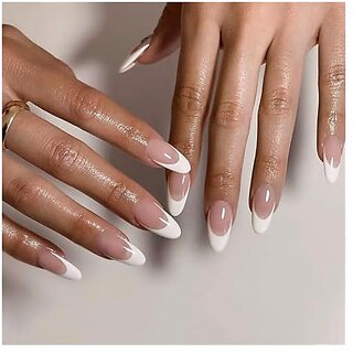 Stick On Nail Press-On Nails 24 Reusable Soft Gel Nails Short Round Shape with White Tips Long Lasting Korean Liquid Nail Glue and Tabs Included Indie Nails Transparent French Nail Tips view 2