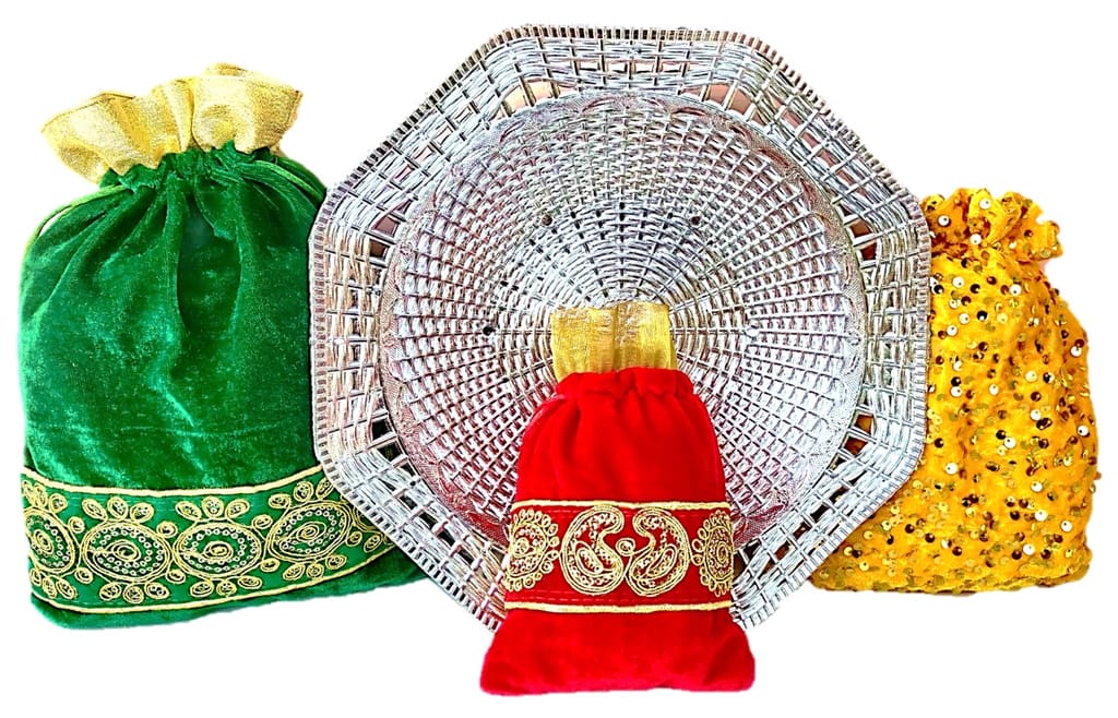 Omkar by R3 Inc. Silver Gift Basket / Bowl with Assorted size Shagun Potli for Gifts Hampers | Fancy Hamper| Wedding Basket / Pouch for gift Packing (Pack of 4) view 2