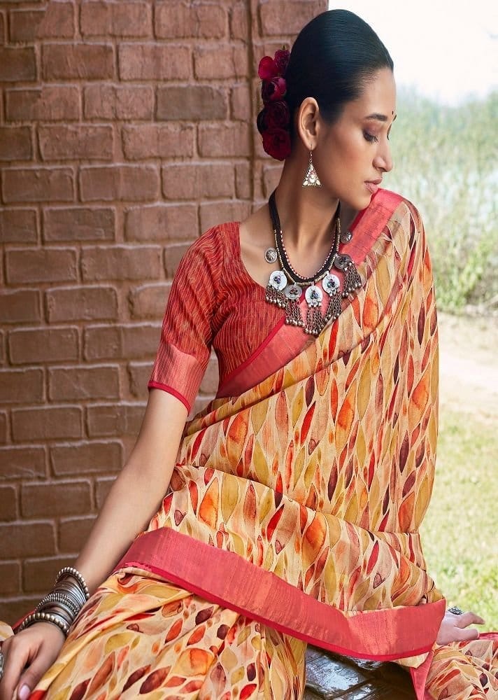 Digital Printed Art Silk Saree in Pastel Orange view 2