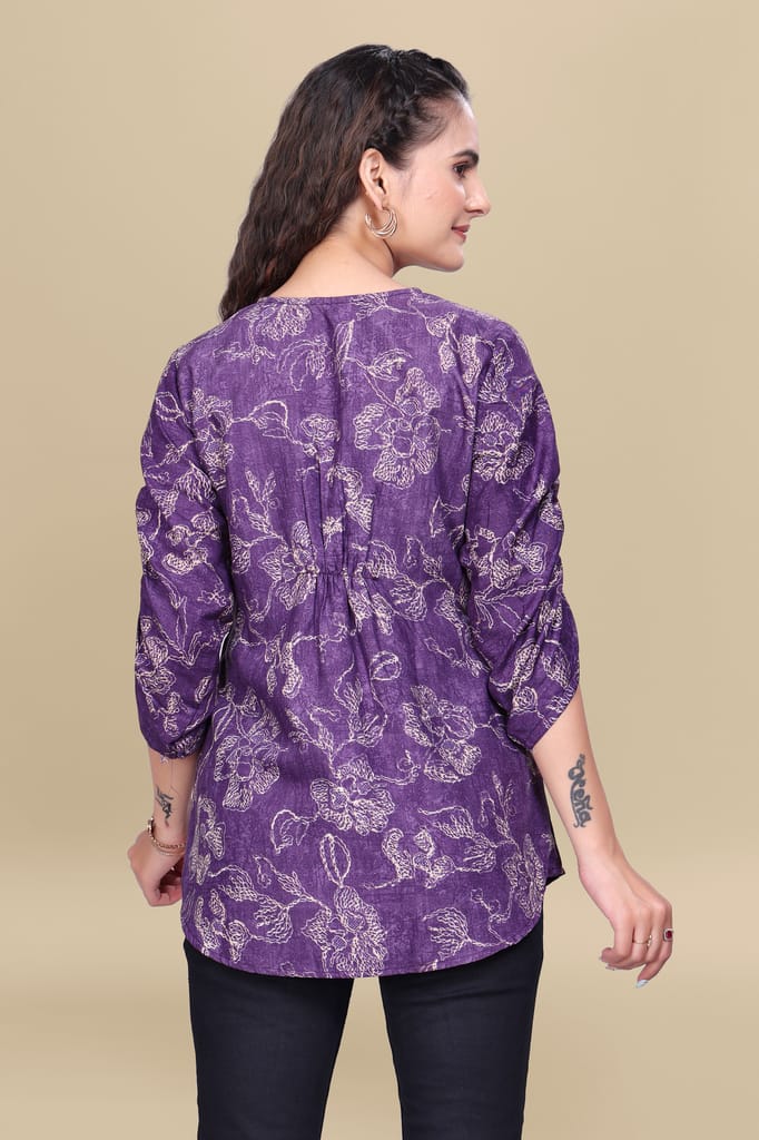Purple Printed Cotton V-Neck Top with Three-Quarter Sleeves view 2