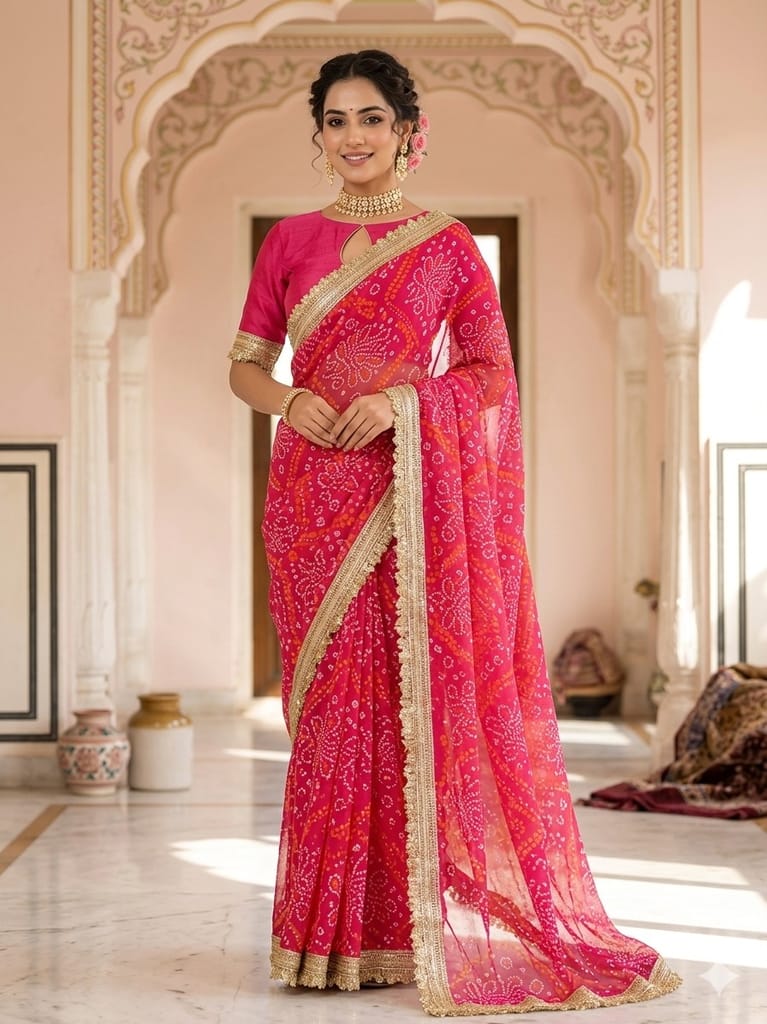 Kavya Bandhani Printed Saree with Fancy Lace Border and Art Silk Blouse