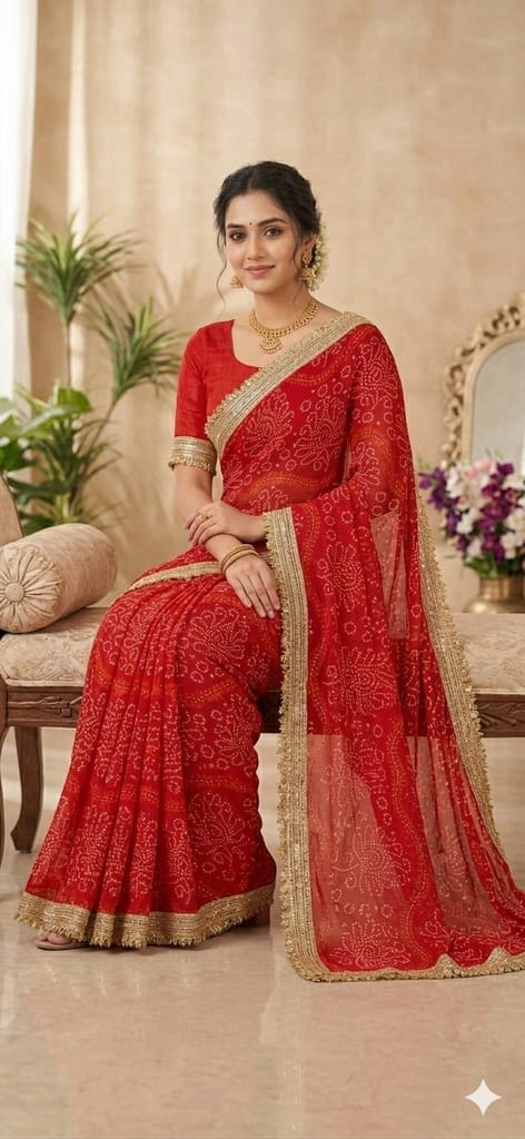 Kavya Bandhani Printed Saree with Fancy Lace Border and Art Silk Blouse view 2