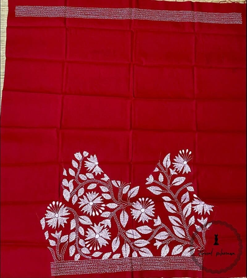 Red Bengal Kantha Hand Embroidered Blouse Piece for Sarees view 2