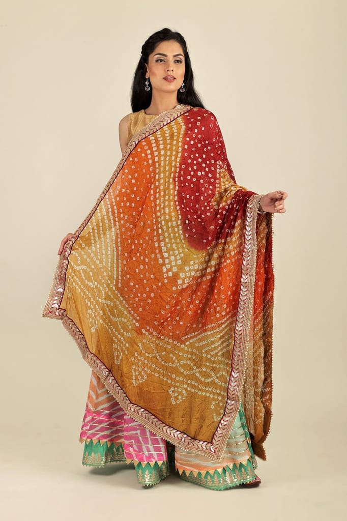 Orangeade Multi-coloured Tie-Dye Bandhani Dupatta From Gujarat with Zari Patch Border and Beadwork view 2