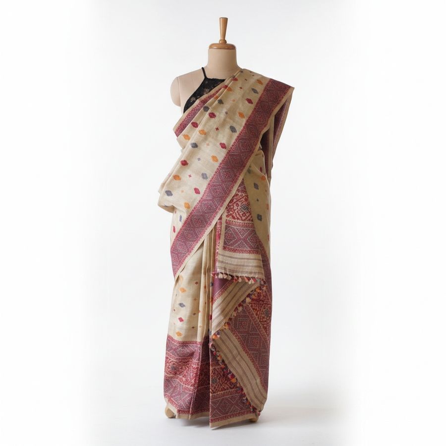 Handwoven Traditional Cream & Maroon Cotton Saree view 2