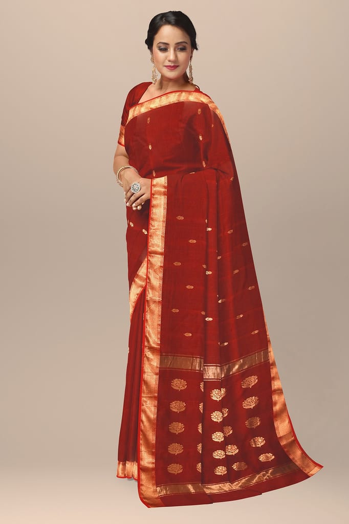 Carmine Red Handwoven Sausar Silk With Zari Border and Floral Buta Pallu Saree SKU- BS10067 view 2