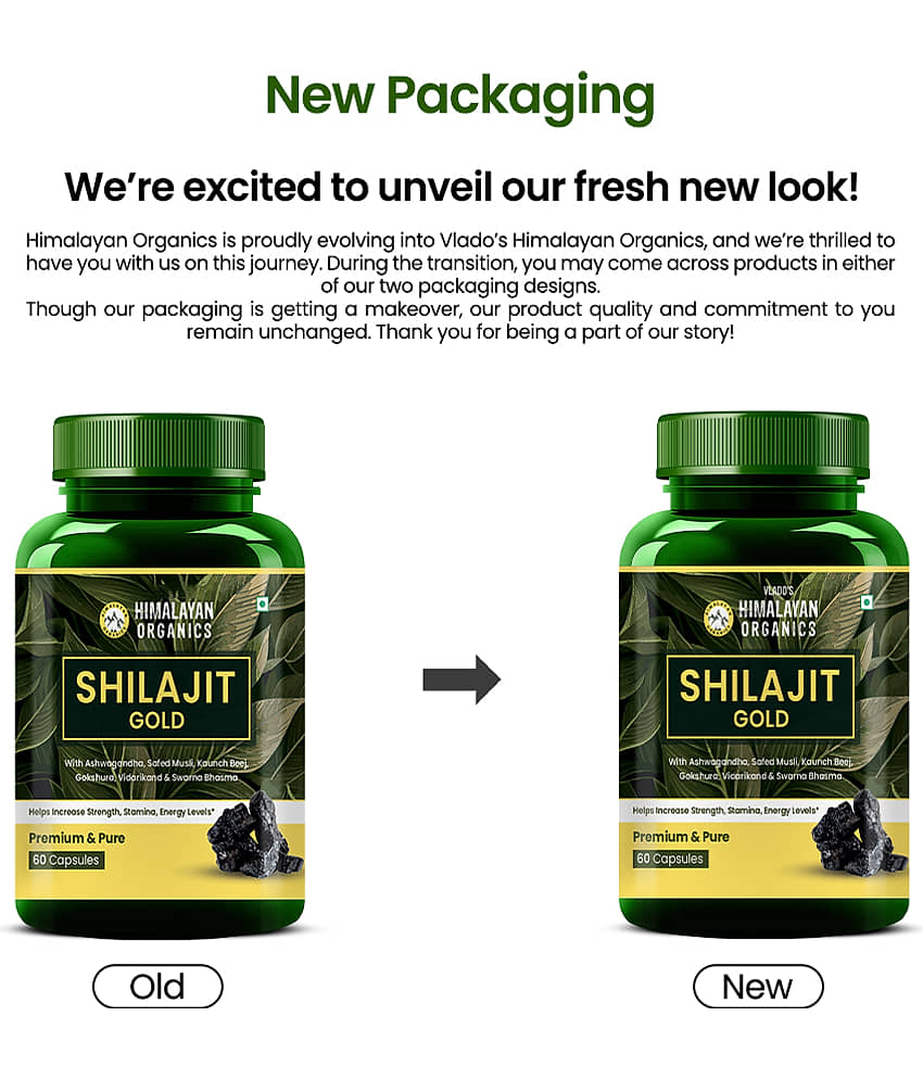 Himalayan Organics Pure Shilajit 24 carat Gold with Ashwagandha, Safed musli, Kaunch beej , Gokshura Swarna & Rajat Bhasma +10 more Ayurvedic herbs - -Boost Stamina, Strenght, Energy Power, Build Muscle Mass - 60 Veg Capsules view 2