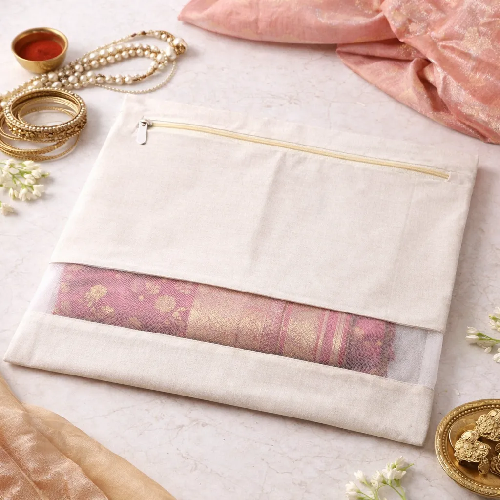 Cotton Saree Covers for Storage Pack of 6 Big Size 1614 Inch Saree Bags with Zip Transparent Mesh Window Saree Organizer for Wardrobe Clothes Storage Bags - Beige view 2