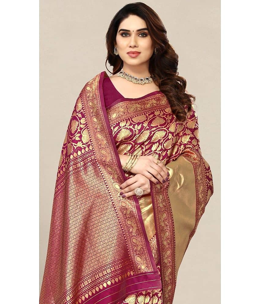 Om Shantam Sarees Banarasi Silk Embellished Saree With Unstitched Blouse Piece ( Multicolour ) view 2