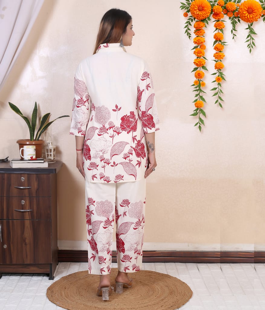 SnapUpp Pure Cotton Flex Coord Set for Girls & Women | Relaxed Fit FCB Top with Plazzo Pants | White-Red Floral Printed | Ethnic Casual Wear, Travel Friendly, Summer, Office Wear & Night Wear view 2