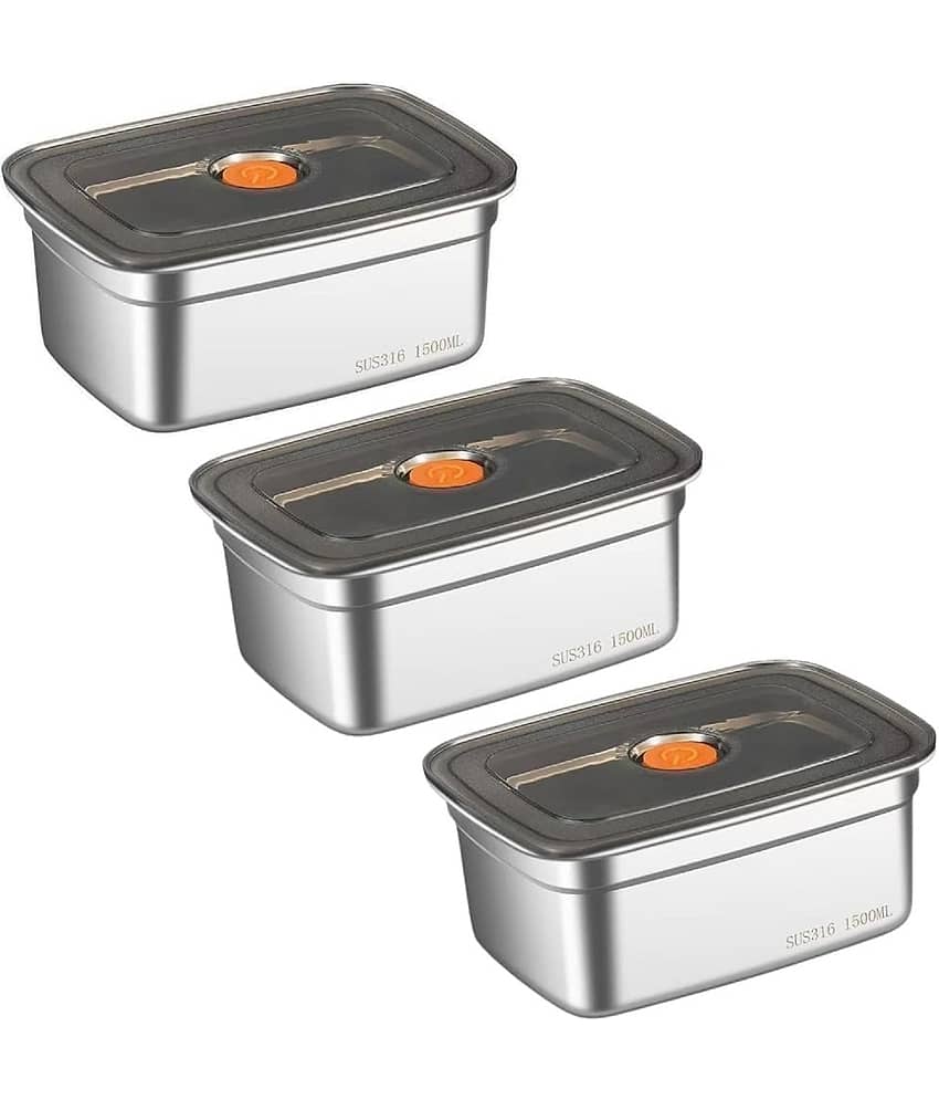 RAVISTRA Fridge Storage Box Steel Silver Food Container ( Set of 3 )