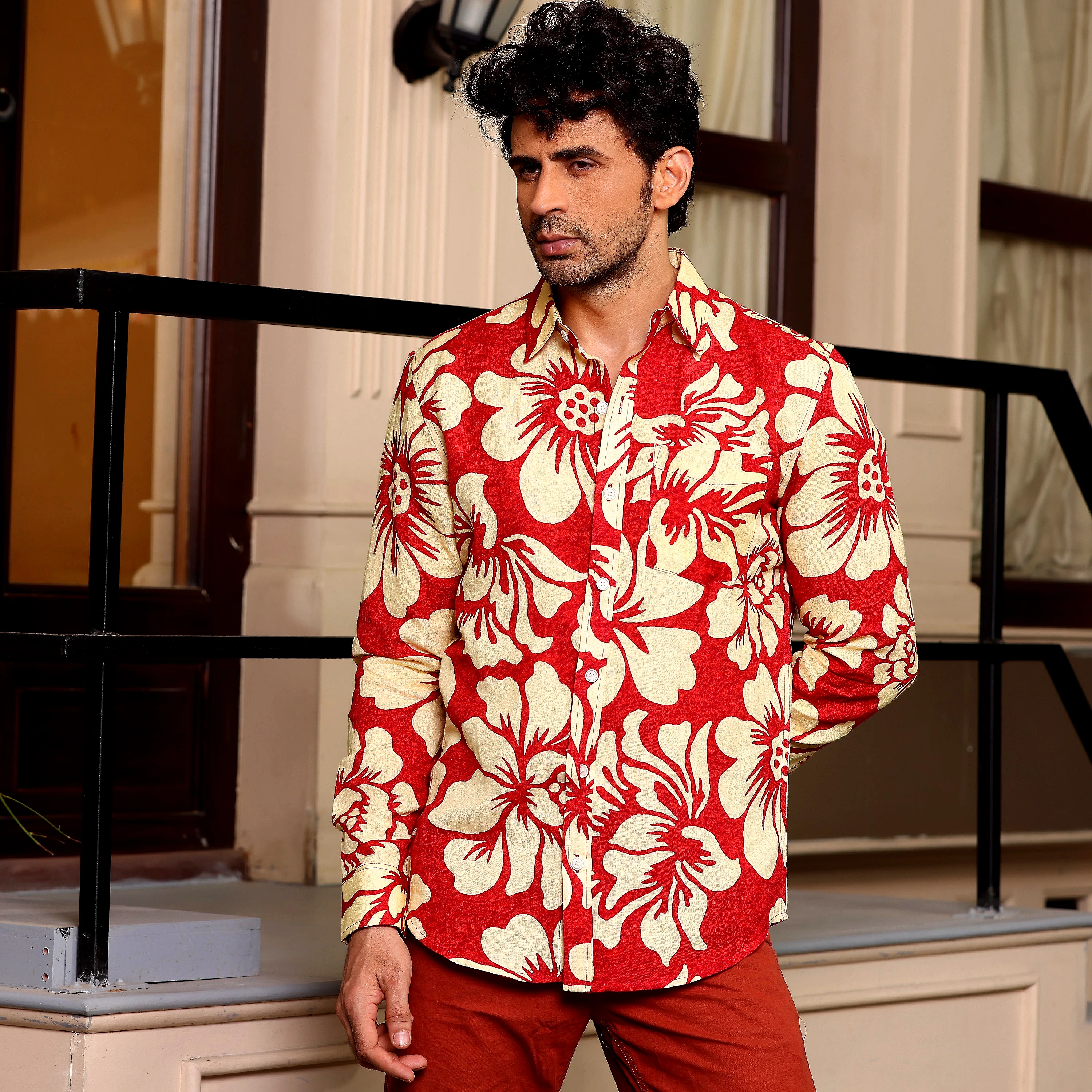 Hibiscus Print Red Causal Pure linen Full Shirt (Size - XL) by BLUE EAGLE view 2