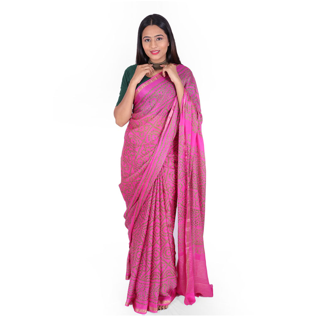 Tribes India Handwoven Pink Bandhej Saree view 2