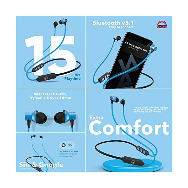 EKKO Unplug N02 Neckband with Super Sound Heavy Bass, Playback time Upto 15 Hours, Max BASS, TwinConnect, Siri & Google Assistant Activate (Blue) view 2