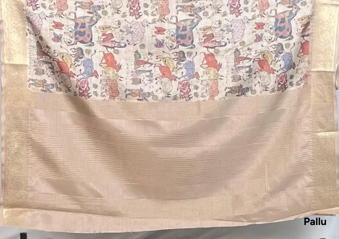 Pattachitra Tussar Silk Saree Folk Figures Gold Zari Border view 2