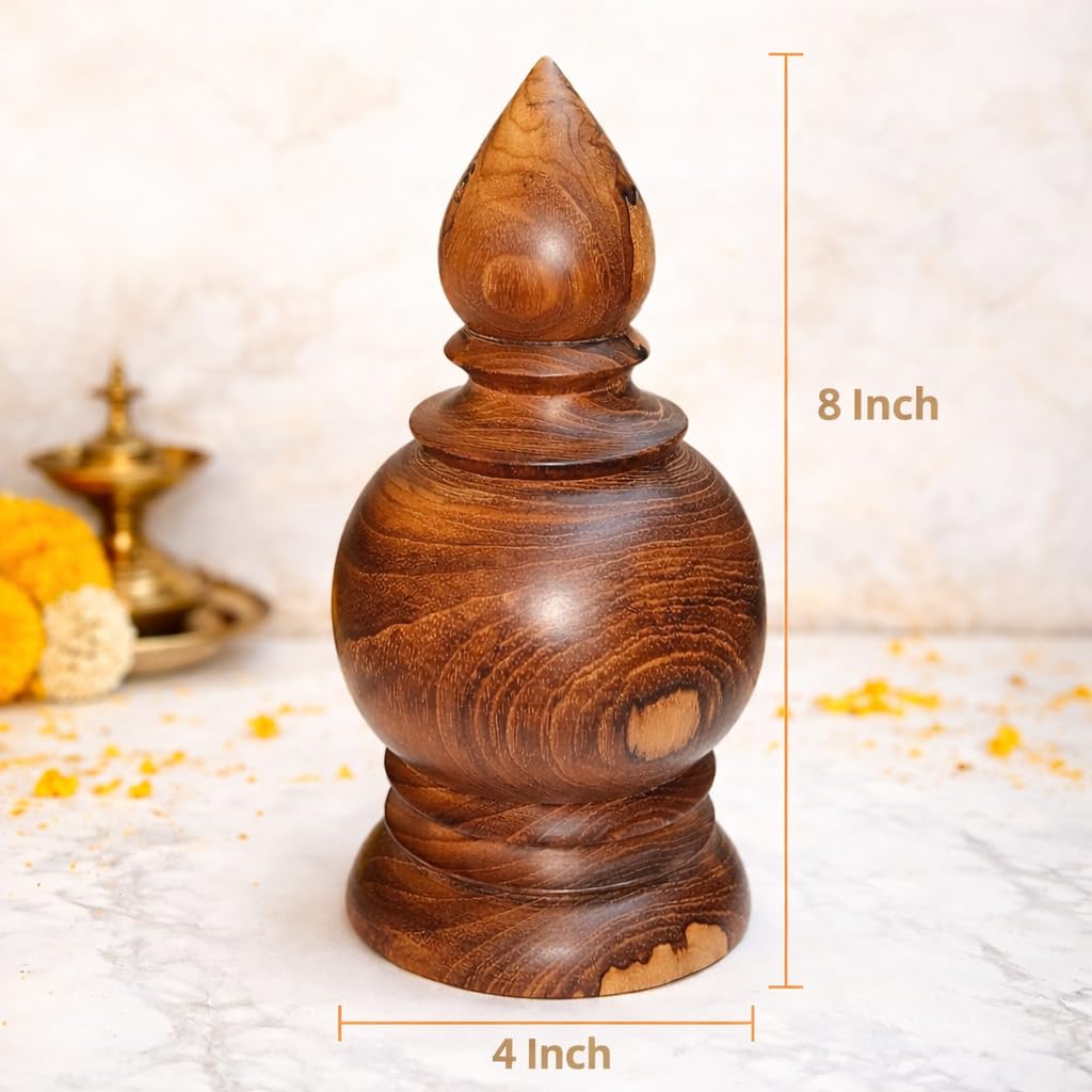 Wooden 8 Inch Teak Pooja Top Kalasam (Unpolished) – 4 Inch Base – 8 Inch Height – Large Wooden Kalasam for Pooja Mandir – Decoration Items – Wood Puja Kalash view 2