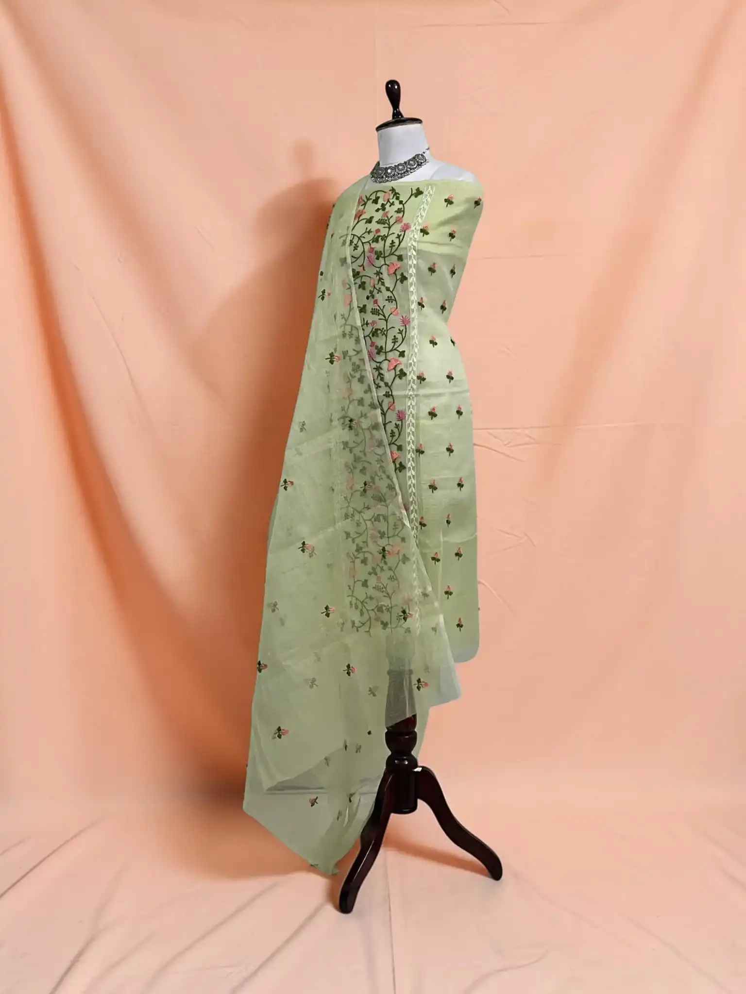 Kota Doria Cotton-Silk Dress Material with Hand-Embroidered Butis view 2