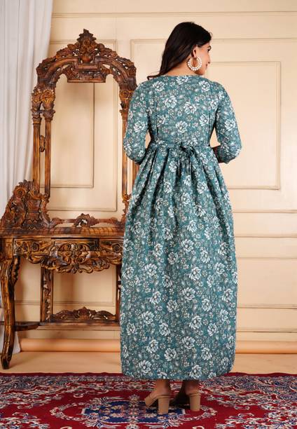 Women Printed Cotton Blend Anarkali Kurta (Gray) view 2