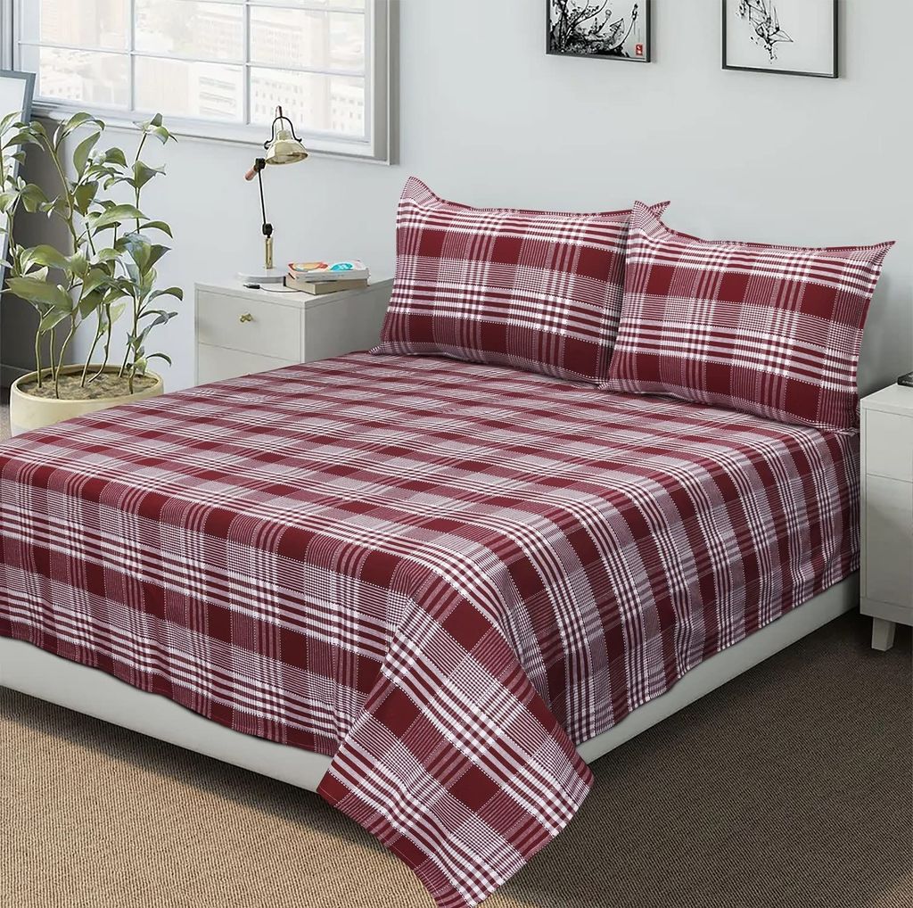 AIRWILL, 200GSM Handloom Cotton Double Bedsheet with 2 Pillow Covers, Track Dobby Checks Designer Weaved Maroon and White Combo - Pack of 3 pcs view 2