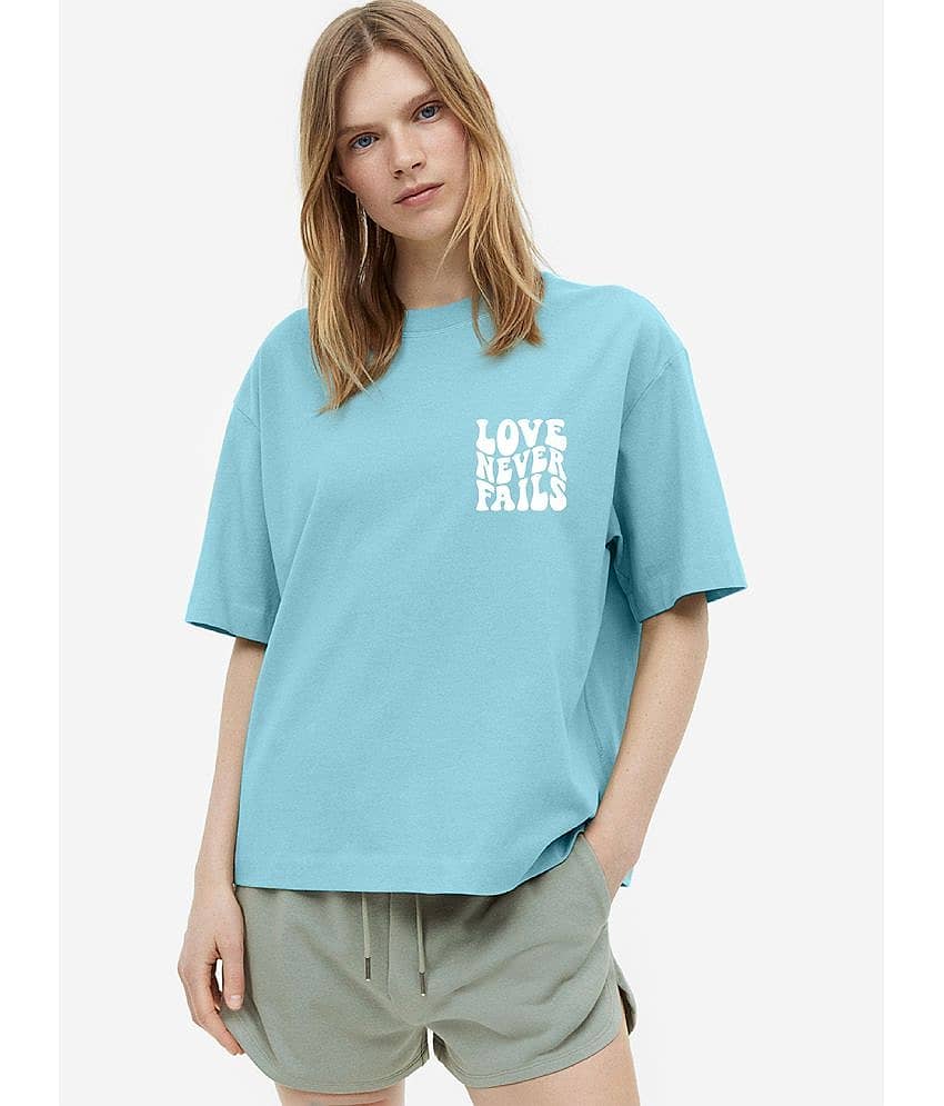 Faltu.co Women Cotton Printed Oversized Fit Round Neck T-Shirt ( Light Blue ) view 2