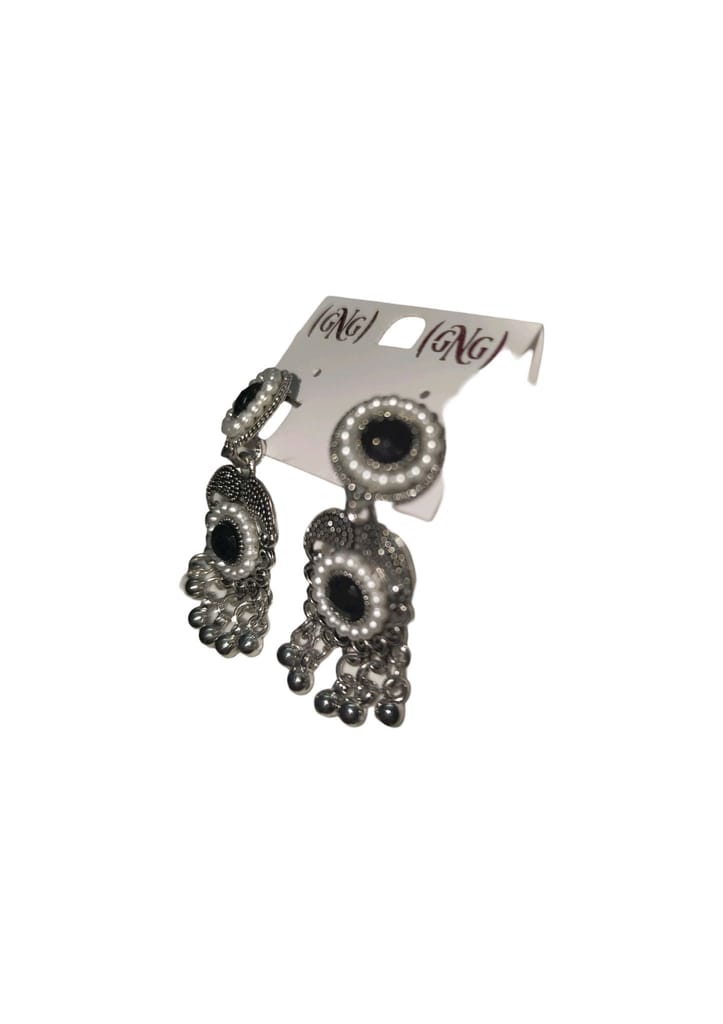 Oxidized Silver Pearl Beaded Jhumka Earrings with Black Stone view 2