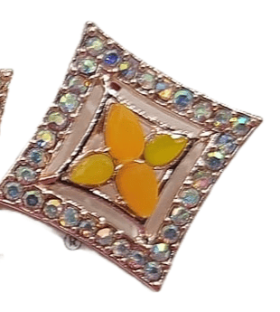 Rhinestone square stud earrings with orange flower design view 2