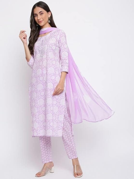INDIAN KNOTS-Women lavender and white Printed Pure Cotton Kurta with Palazzos & Dupatta_1101-DG005301 view 2