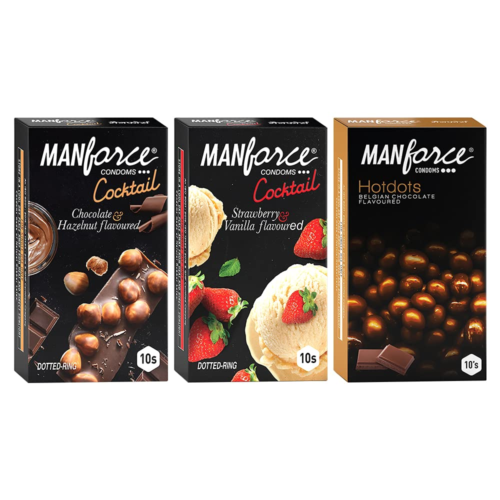 MANFORCE Exotic Premium Condoms (Hotdots Belgian Chocolate with Bigger Dots Cocktail Strawberry + Vanilla with Dotted Rings and Cocktail Chocolate + Hazelnut with Dotted Rings) Combo - 10s (Pack of 3) Condom (Set of 3 30 Sheets) view 2