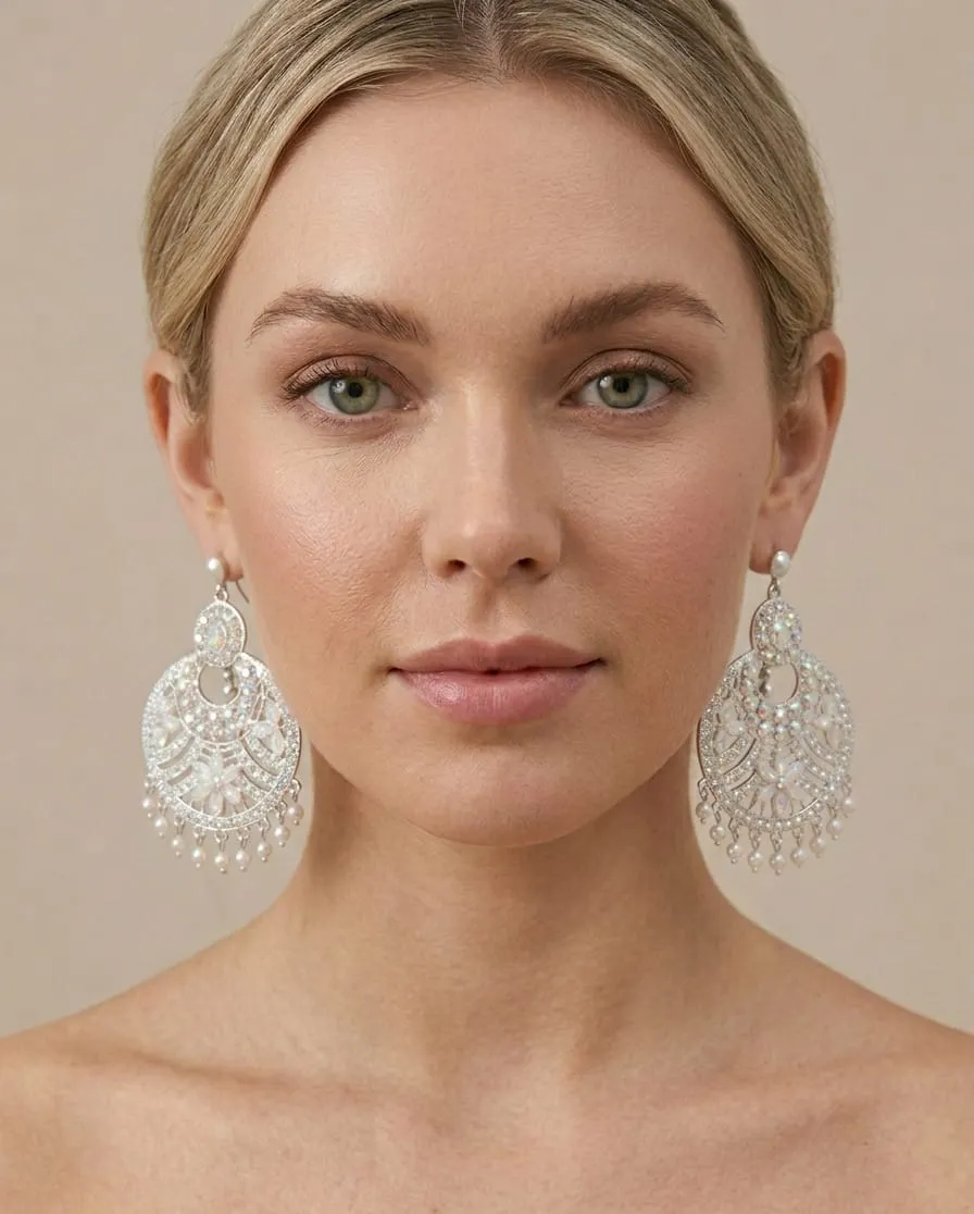 Vardaan Crystalx These stunning silver chandelier jhumkas feature intricate filigree, shimmering iridescent crystals, pearl drops, and long dangling chains for elegant everyday glamour. view 2