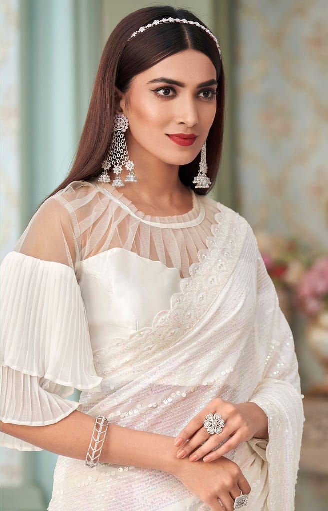 Embroidered Georgette Saree in Off White view 2
