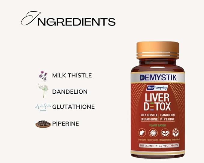 Demystik Plant Based Liver Support Supplement With Milk Thistle, Dandelion, Glutathione & Piperine | Supports Liver function, Digestion & Immunity | For Men & Women - 60 Veg Tablets view 2