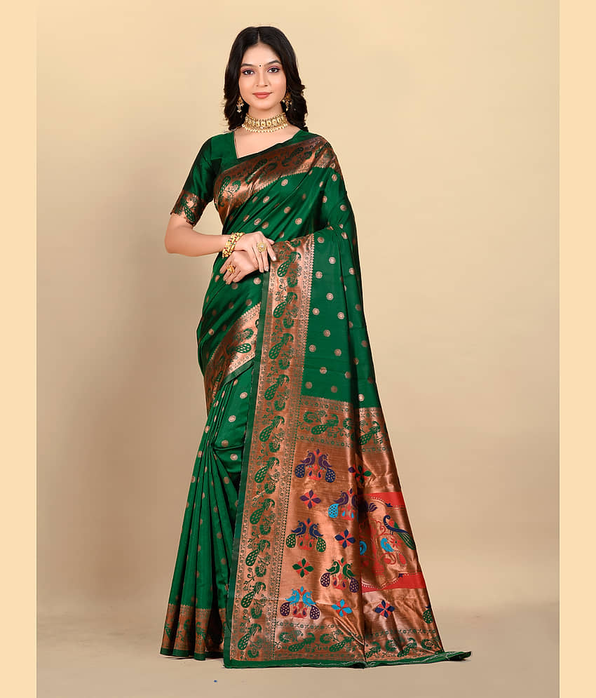BLEESBURY Banarasi Silk Printed Saree With Unstitched Blouse Piece ( Green )