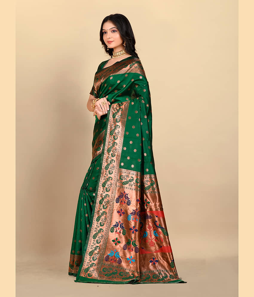 BLEESBURY Banarasi Silk Printed Saree With Unstitched Blouse Piece ( Green ) view 2