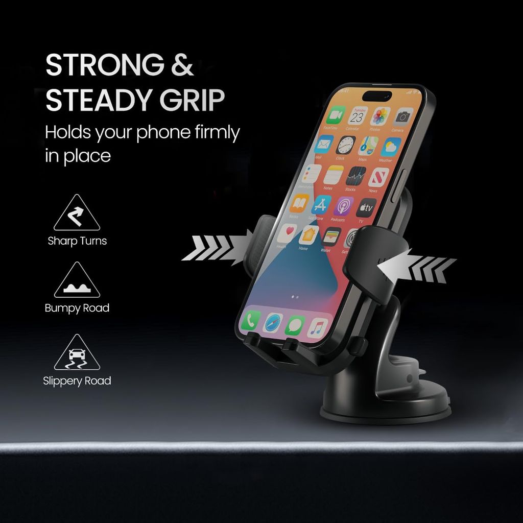Portronics Clamp M4 Car Phone Holder Stand with 360 Degree Rotation, Strong Grip, Suction Cup Mount, Single Hand Use, Shockproof Build, Mobile Stand for Car (Black) view 2