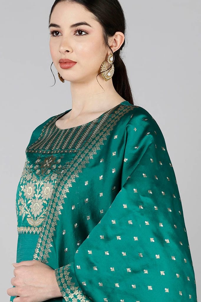 Teal Poly Silk Yoke Design Straight Suit Set PKSKD1372 view 2