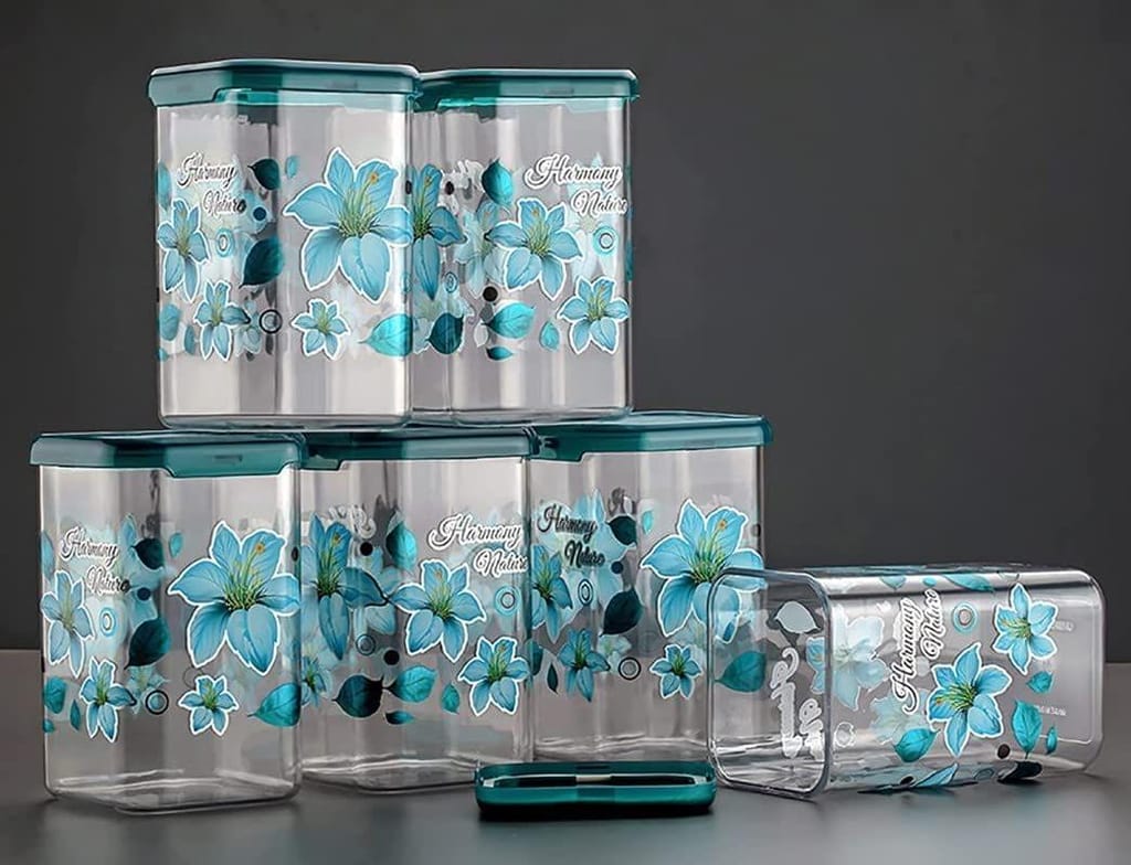 HAPPI Multipurpose Unbreakable Plastic Modular Transparent Square Printed Containers Set For Kitchen Storage Airtight Box Dabba For Spice, Masala Box for Kitchen 1100 ml (Pack of 6 - Blue) view 2